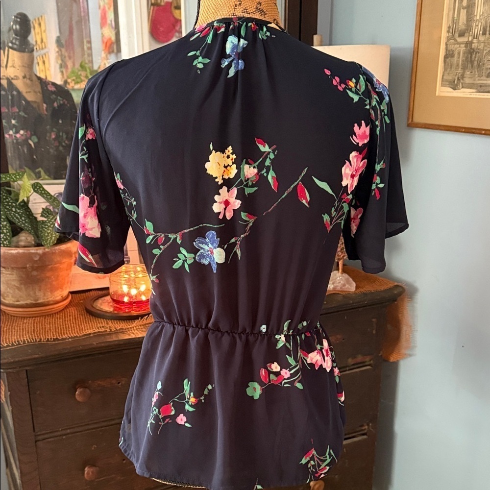 Sienna Sky Navy Blue Multicolored Floral Print Faux Wrap Top - Picture 6 of 11